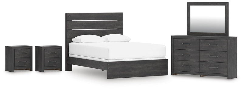 Hollivern Queen Panel Bed, Dresser, Mirror and 2 Nightstands in Dark Gray - PKG021607