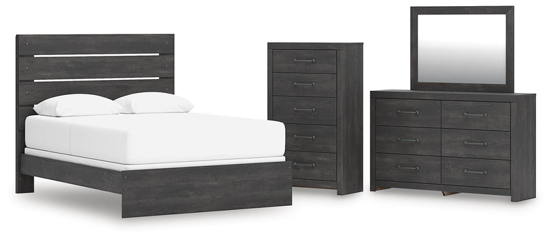 Hollivern Queen Panel Bed, Dresser, Mirror and Chest in Dark Gray - PKG021610