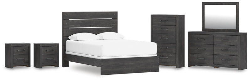Hollivern Queen Panel Bed, Dresser, Mirror, Chest and 2 Nightstands in Dark Gray - PKG021608