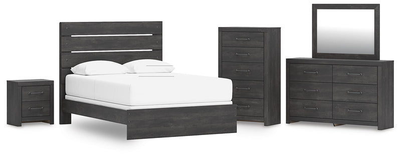 Hollivern Queen Panel Bed, Dresser, Mirror, Chest and Nightstand in Dark Gray - PKG021611