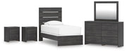 Hollivern Twin Panel Bed, Dresser, Mirror and 2 Nightstands in Dark Gray - PKG021588