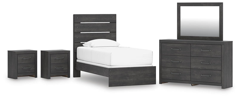 Hollivern Twin Panel Bed, Dresser, Mirror and 2 Nightstands in Dark Gray - PKG021588