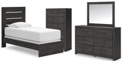 Hollivern Twin Panel Bed, Dresser, Mirror and Chest in Dark Gray - PKG021591