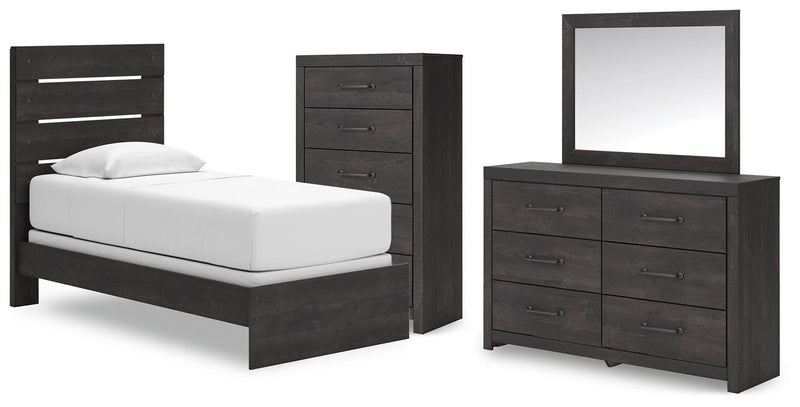 Hollivern Twin Panel Bed, Dresser, Mirror and Chest in Dark Gray - PKG021591