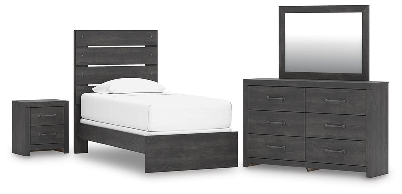 Hollivern Twin Panel Bed, Dresser, Mirror and Nightstand in Dark Gray - PKG021590
