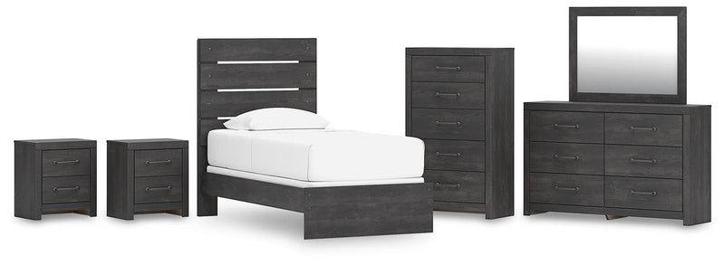 Hollivern Twin Panel Bed, Dresser, Mirror, Chest and 2 Nightstands in Dark Gray - PKG021589