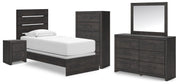 Hollivern Twin Panel Bed, Dresser, Mirror, Chest and Nightstand in Dark Gray - PKG021592
