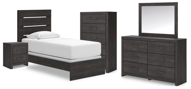 Hollivern Twin Panel Bed, Dresser, Mirror, Chest and Nightstand in Dark Gray - PKG021592