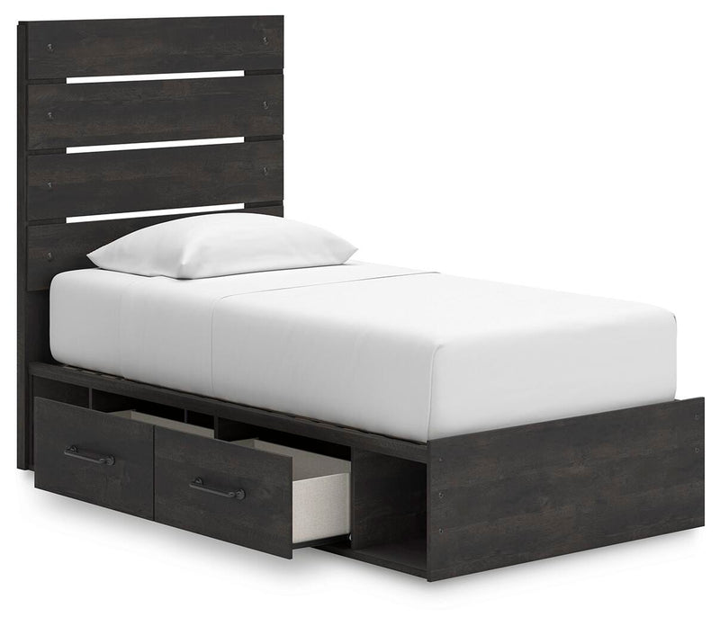 Hollivern Twin Panel Bed with Storage, Dresser and Mirror in Dark Gray - PKG021638