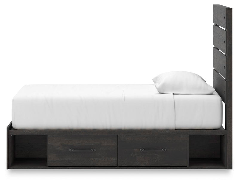 Hollivern Twin Panel Bed with Storage, Dresser and Mirror in Dark Gray - PKG021638