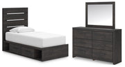Hollivern Twin Panel Bed with Storage, Dresser and Mirror in Dark Gray - PKG021638