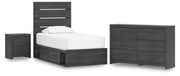 Hollivern Twin Panel Bed with Storage, Dresser and Nightstand in Dark Gray - PKG021645