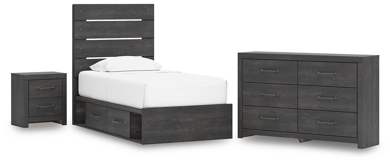 Hollivern Twin Panel Bed with Storage, Dresser and Nightstand in Dark Gray - PKG021645