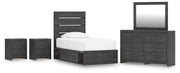 Hollivern Twin Panel Bed with Storage, Dresser, Mirror and 2 Nightstands in Dark Gray - PKG021639