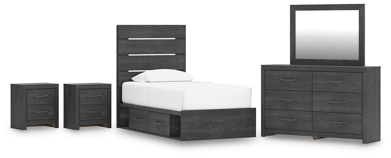 Hollivern Twin Panel Bed with Storage, Dresser, Mirror and 2 Nightstands in Dark Gray - PKG021639