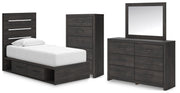 Hollivern Twin Panel Bed with Storage, Dresser, Mirror and Chest in Dark Gray - PKG021642