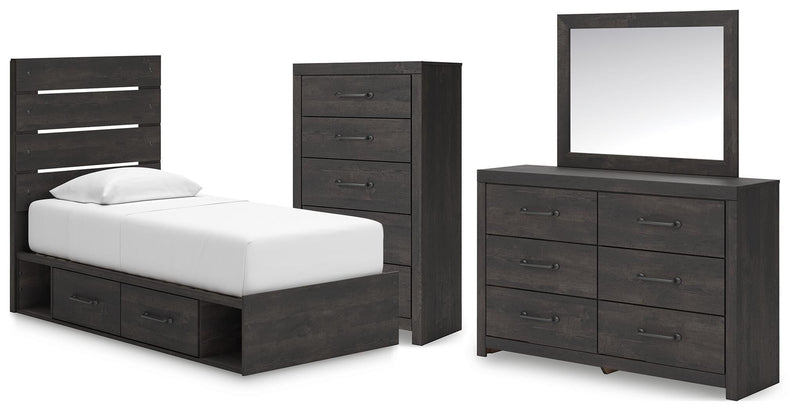 Hollivern Twin Panel Bed with Storage, Dresser, Mirror and Chest in Dark Gray - PKG021642