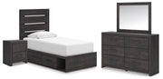 Hollivern Twin Panel Bed with Storage, Dresser, Mirror and Nightstand in Dark Gray - PKG021641