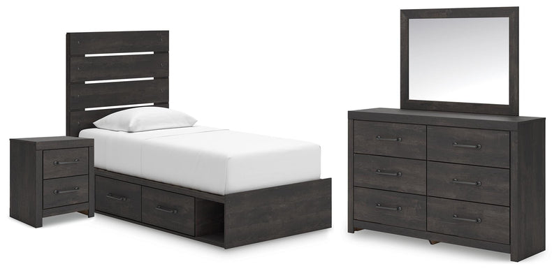 Hollivern Twin Panel Bed with Storage, Dresser, Mirror and Nightstand in Dark Gray - PKG021641