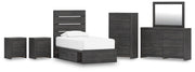 Hollivern Twin Panel Bed with Storage, Dresser, Mirror, Chest and 2 Nightstands in Dark Gray - PKG021640