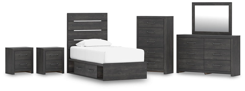 Hollivern Twin Panel Bed with Storage, Dresser, Mirror, Chest and 2 Nightstands in Dark Gray - PKG021640
