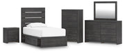 Hollivern Twin Panel Bed with Storage, Dresser, Mirror, Chest and Nightstand in Dark Gray - PKG021643
