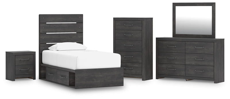 Hollivern Twin Panel Bed with Storage, Dresser, Mirror, Chest and Nightstand in Dark Gray - PKG021643