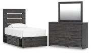 Hollivern Twin Panel Storage Bed, Dresser and Mirror in Dark Gray - PKG021622