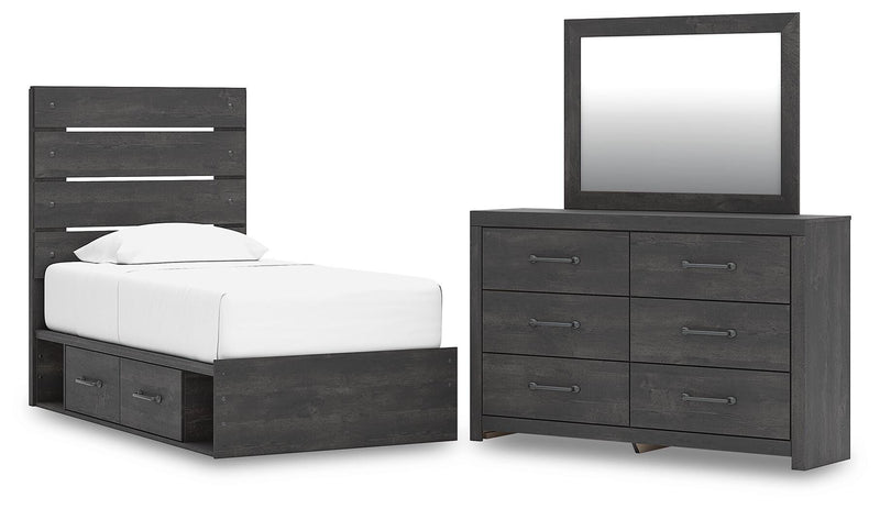 Hollivern Twin Panel Storage Bed, Dresser and Mirror in Dark Gray - PKG021622