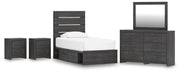 Hollivern Twin Panel Storage Bed, Dresser, Mirror and 2 Nightstands in Dark Gray - PKG021623