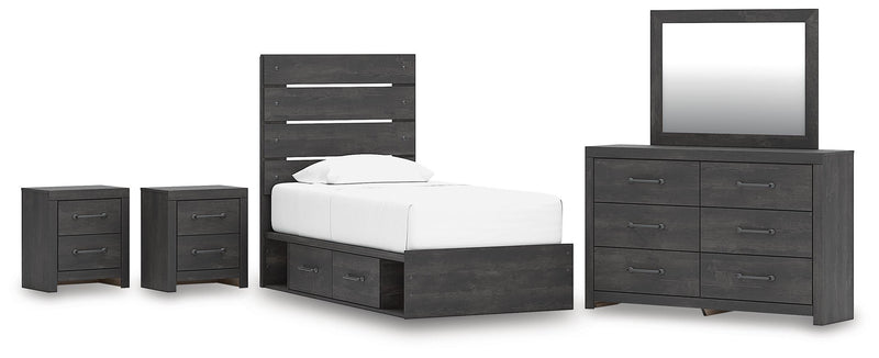 Hollivern Twin Panel Storage Bed, Dresser, Mirror and 2 Nightstands in Dark Gray - PKG021623