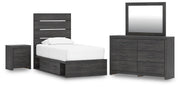 Hollivern Twin Panel Storage Bed, Dresser, Mirror and Nightstand in Dark Gray - PKG021625