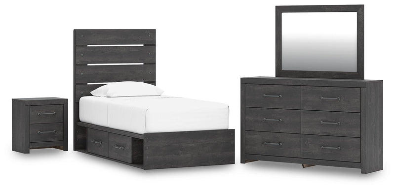 Hollivern Twin Panel Storage Bed, Dresser, Mirror and Nightstand in Dark Gray - PKG021625