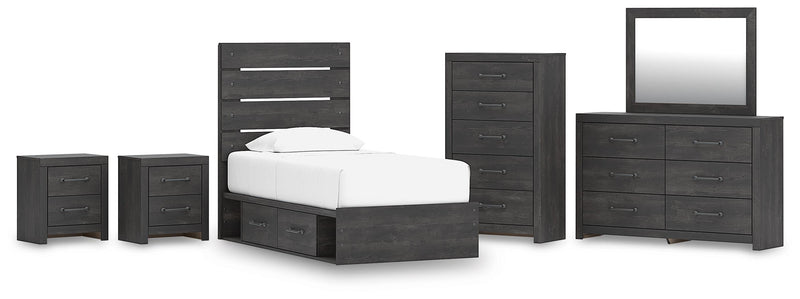 Hollivern Twin Panel Storage Bed, Dresser, Mirror, Chest and 2 Nightstands in Dark Gray - PKG021624