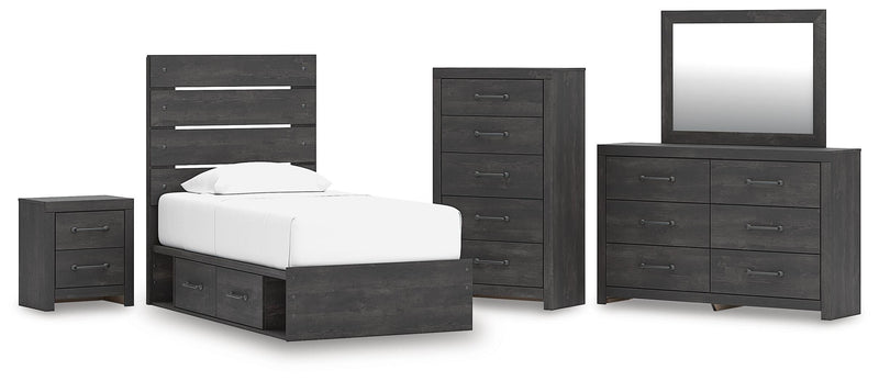 Hollivern Twin Panel Storage Bed, Dresser, Mirror, Chest and Nightstand in Dark Gray - PKG021627