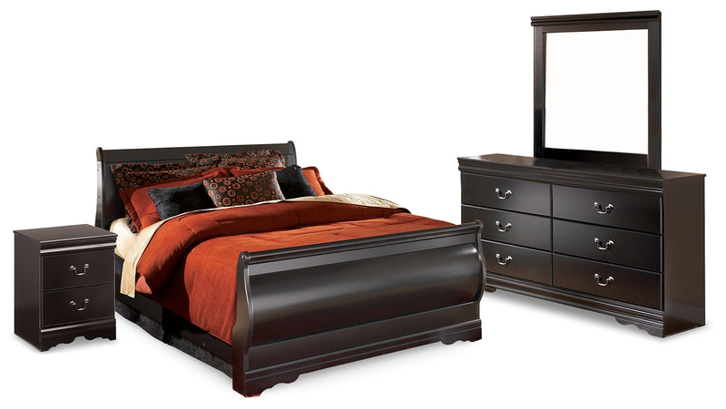 Huey Vineyard Full Sleigh Bed with Mirrored Dresser and Nightstand in Black - PKG014140