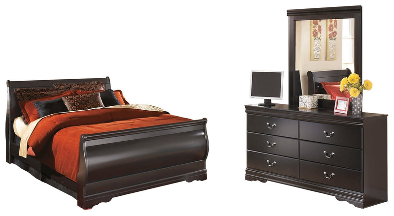 Huey Vineyard Queen Sleigh Bed with Mirrored Dresser in Black - PKG002536