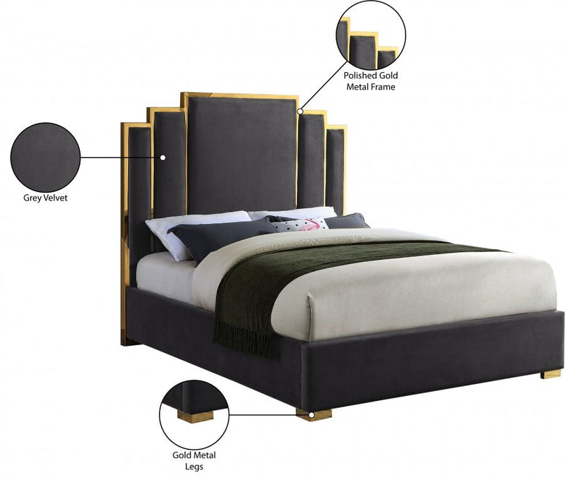Hugo Velvet King Bed Grey - Gate FurnitureKing Bed
