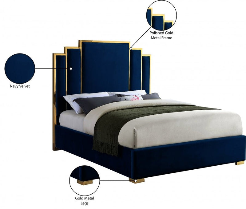 Hugo Velvet Queen Bed Blue - Gate FurnitureQueen Bed