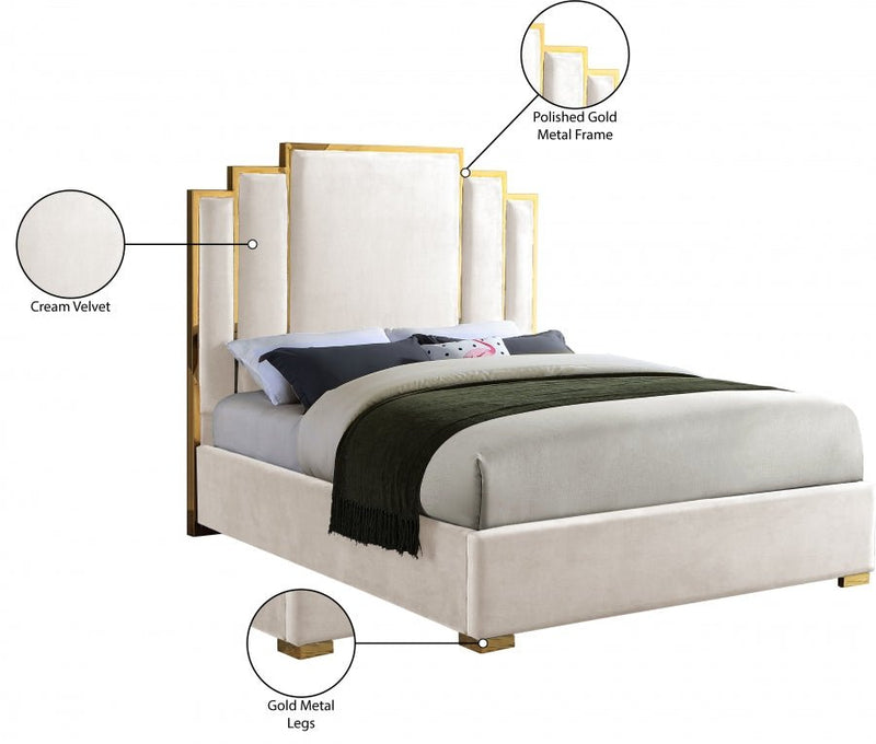 Hugo Velvet Queen Bed Cream - Gate FurnitureQueen Bed