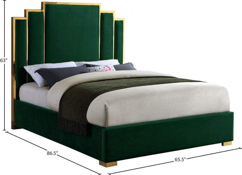 Hugo Velvet Queen Bed Green - Gate FurnitureQueen Bed