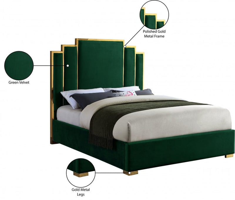 Hugo Velvet Queen Bed Green - Gate FurnitureQueen Bed