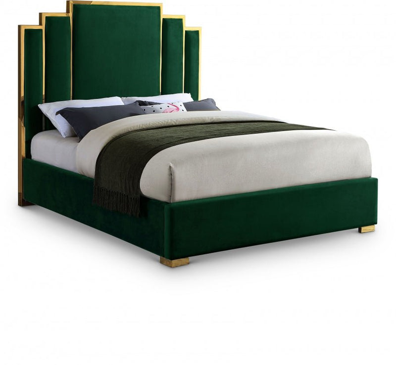 Hugo Velvet Queen Bed Green - Gate FurnitureQueen Bed