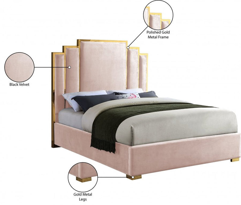 Hugo Velvet Queen Bed Pink - Gate FurnitureQueen Bed