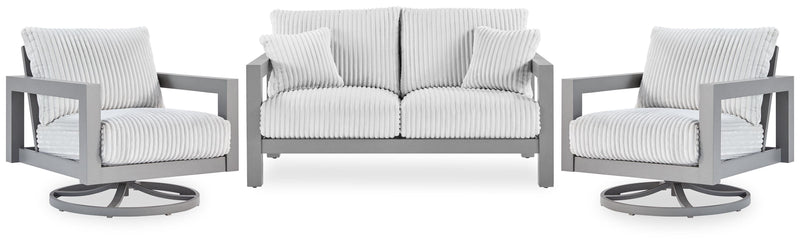 Hurley Park Outdoor Loveseat with 2 Lounge Chairs in Gray - PKG021154
