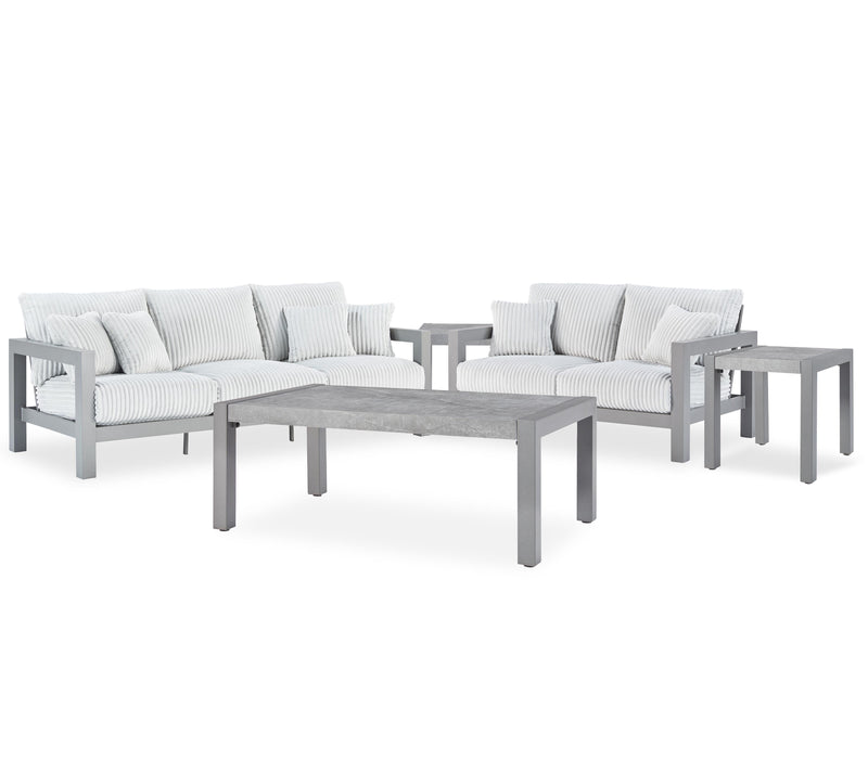 Hurley Park Outdoor Sofa and Loveseat with Coffee Table and 2 End Tables in Gray - PKG021165
