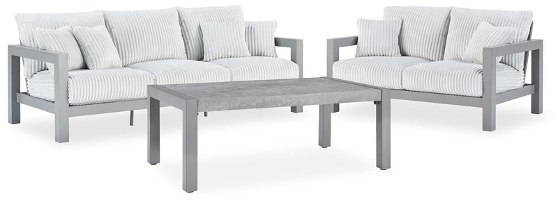 Hurley Park Outdoor Sofa and Loveseat with Coffee Table in Gray - PKG021164