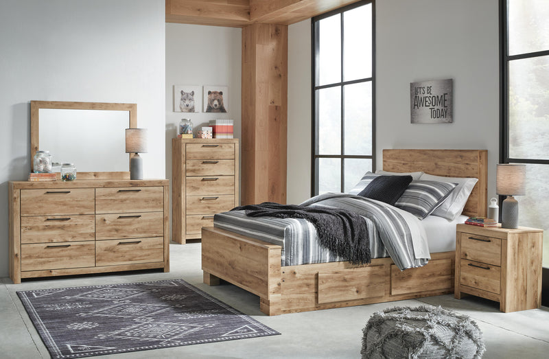 Hyanna Full Panel Bed with 1 Side Storage, Dresser, Mirror and 2 Nightstands in Tan Brown - PKG015362