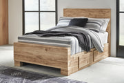 Hyanna Full Panel Bed with 1 Side Storage, Dresser, Mirror and 2 Nightstands in Tan Brown - PKG015362