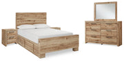 Hyanna Full Panel Bed with 1 Side Storage, Dresser, Mirror and 2 Nightstands in Tan Brown - PKG015362